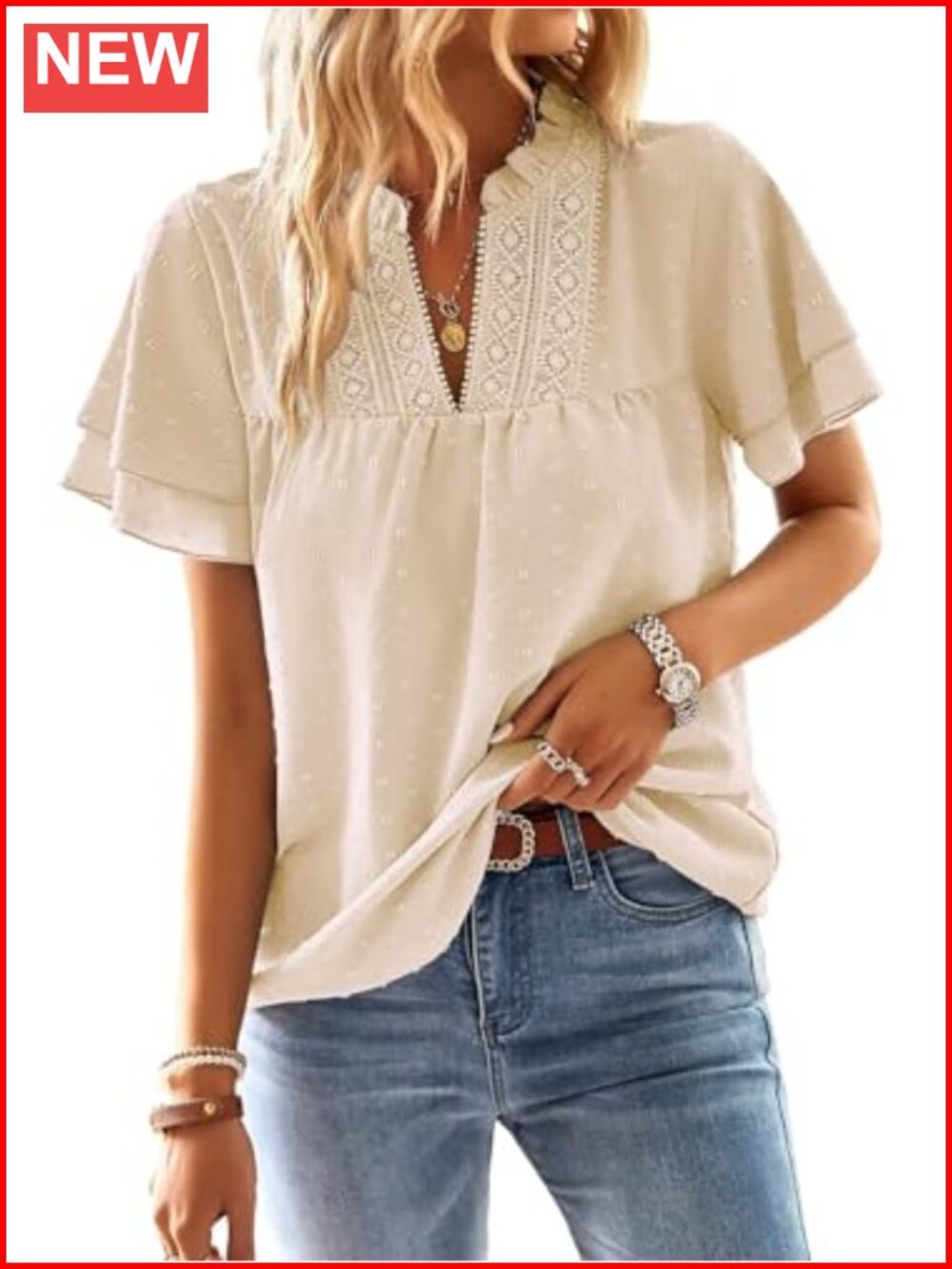 Womens Boho V Neck Crochet Lace Short Sleeve Blouse Flowy Casual Peasant Top